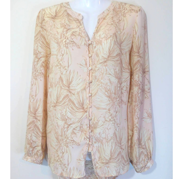 Cynthia Rowley Size M Floral Neutral Tan Beige Long Sleeve Button Up Blouse Work - Picture 1 of 8